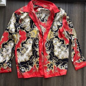 Zara Red and Black Baroque Print Blouse